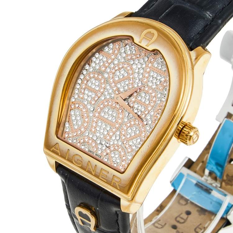 Pre Owned Aigner Metallic Rose Gold Plated Stainless Steel Leather Verona A48000 Women's Wristwatch 39 mm