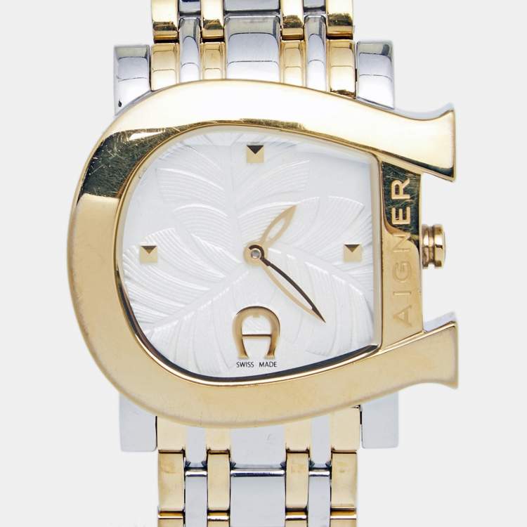 Pre Owned Aigner White Leaves Two-Tone Stainless Steel Genua Due A31600 Women's Wristwatch 31 mm