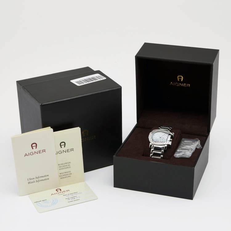 Pre Owned Aigner White Mother of Pearl Stainless Steel Diamonds Genua Due A31600 Women's Wristwatch 31 mm