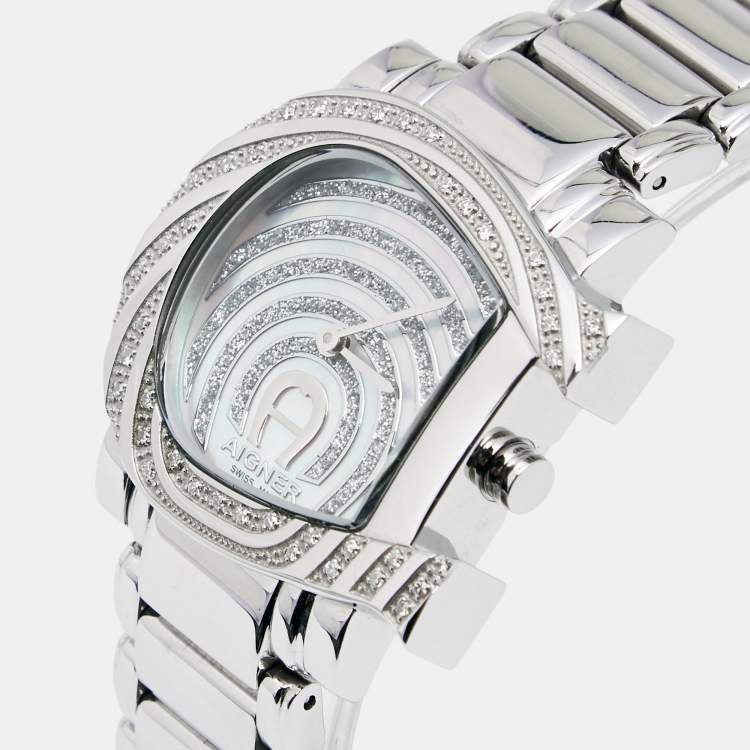 Pre Owned Aigner White Mother of Pearl Stainless Steel Diamonds Genua Due A31600 Women's Wristwatch 31 mm