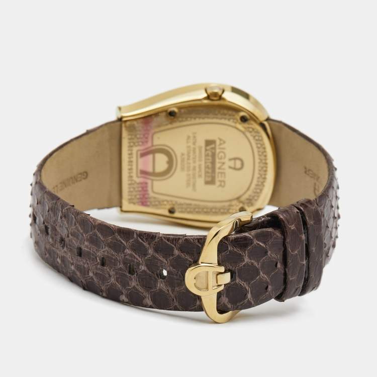 Pre Owned Aigner Brown Gold Plated Stainless Steel Leather Venezia A39200 Women's Wristwatch 36 mm