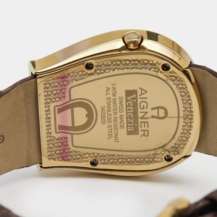 Pre Owned Aigner Brown Gold Plated Stainless Steel Leather Venezia A39200 Women's Wristwatch 36 mm
