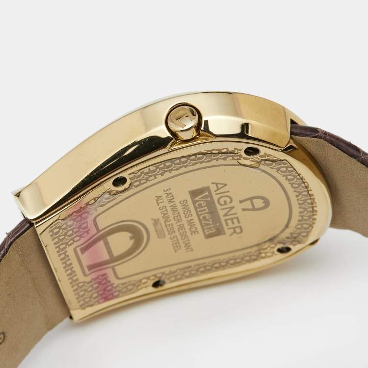 Pre Owned Aigner Brown Gold Plated Stainless Steel Leather Venezia A39200 Women's Wristwatch 36 mm