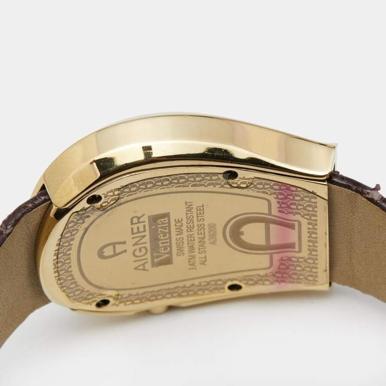 Pre Owned Aigner Brown Gold Plated Stainless Steel Leather Venezia A39200 Women's Wristwatch 36 mm