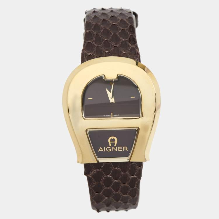 Pre Owned Aigner Brown Gold Plated Stainless Steel Leather Venezia A39200 Women's Wristwatch 36 mm