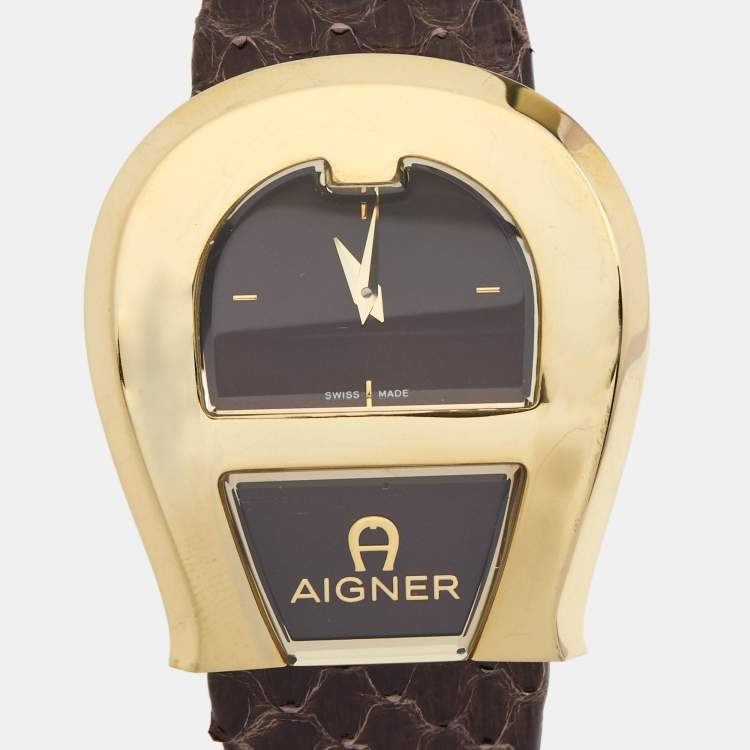 Pre Owned Aigner Brown Gold Plated Stainless Steel Leather Venezia A39200 Women's Wristwatch 36 mm