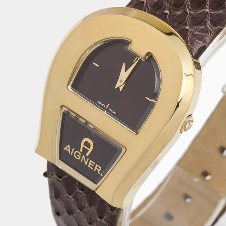 Pre Owned Aigner Brown Gold Plated Stainless Steel Leather Venezia A39200 Women's Wristwatch 36 mm