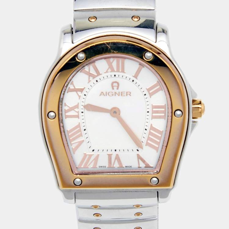 Pre Owned Aigner Mother of Pearl Two Tone Stainless Steel Signa 105200 Women's Wristwatch 33 mm .