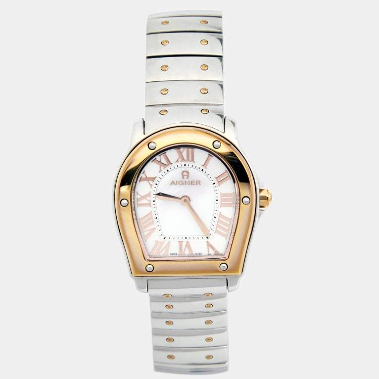 Pre Owned Aigner Mother of Pearl Two Tone Stainless Steel Signa 105200 Women's Wristwatch 33 mm .