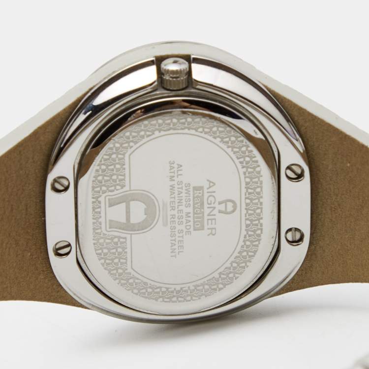 Pre Owned Aigner Silver Stainless Steel Leather Ravello A21200 Women's Wristwatch 34 mm