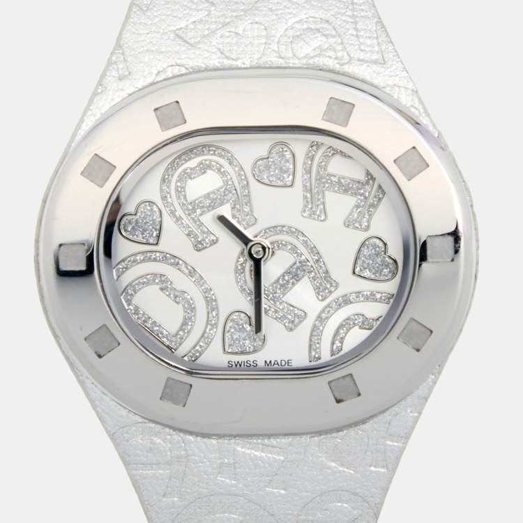 Pre Owned Aigner Silver Stainless Steel Leather Ravello A21200 Women's Wristwatch 34 mm