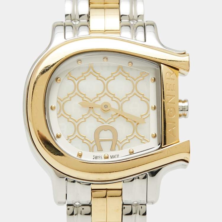 Pre Owned Aigner Mother of Pearl Two Tone Stainless Steel Cesena A132200 Women's 32 mm