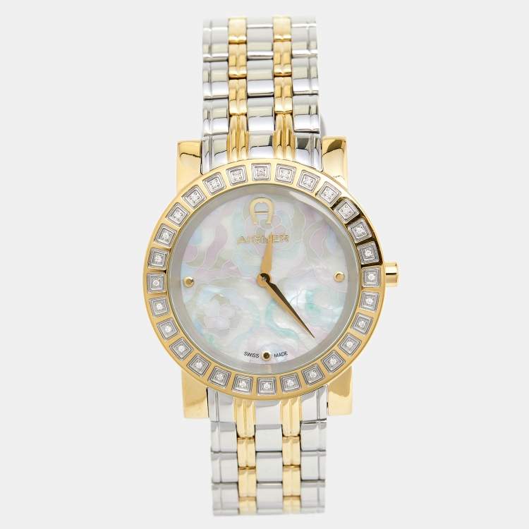 Pre Owned Aigner Mother of Pearl Two Tone Stainless Steel Cortina A26300 Women's Wristwatch 36 mm