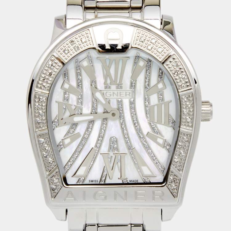 Pre Owned Aigner Mother of Pearl Stainless Steel Verona A48100 Women's Wristwatch 33 mm