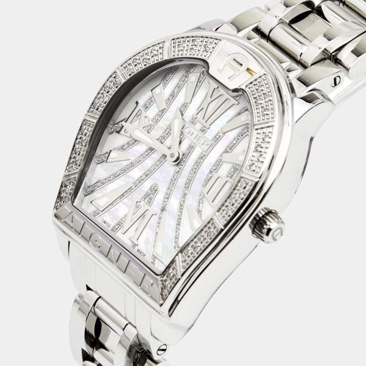 Pre Owned Aigner Mother of Pearl Stainless Steel Verona A48100 Women's Wristwatch 33 mm