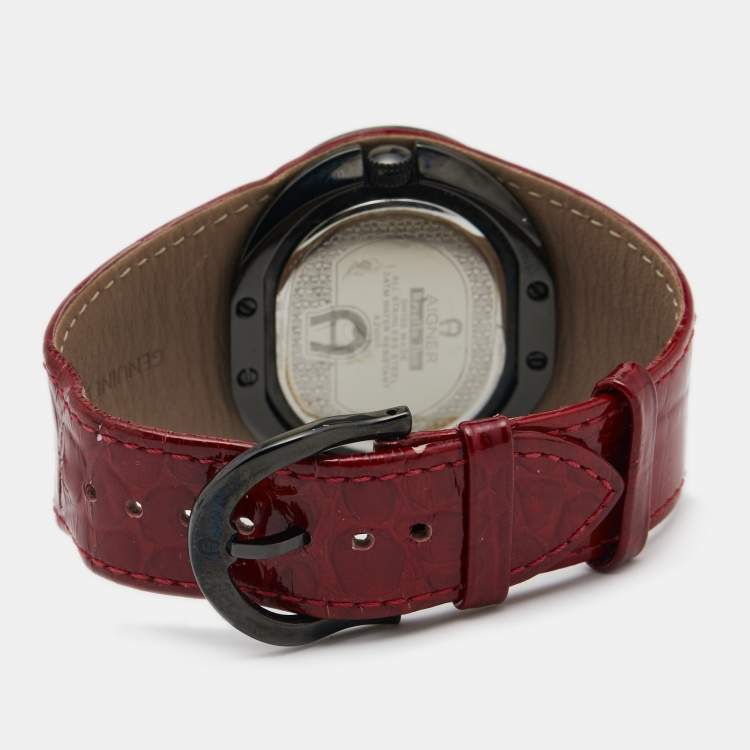 Pre Owned Aigner Red Black PVD Coated Stainless Steel Leather Ravello Due A21000 Women's Wristwatch 43 mm