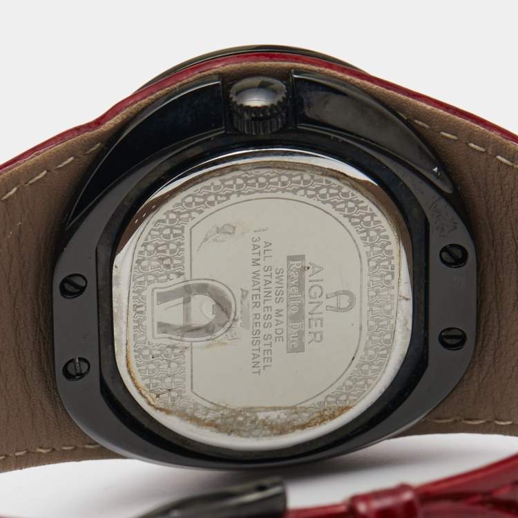 Pre Owned Aigner Red Black PVD Coated Stainless Steel Leather Ravello Due A21000 Women's Wristwatch 43 mm