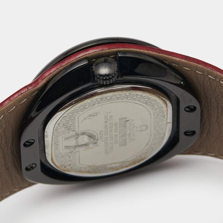 Pre Owned Aigner Red Black PVD Coated Stainless Steel Leather Ravello Due A21000 Women's Wristwatch 43 mm