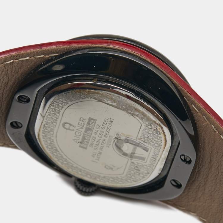 Pre Owned Aigner Red Black PVD Coated Stainless Steel Leather Ravello Due A21000 Women's Wristwatch 43 mm