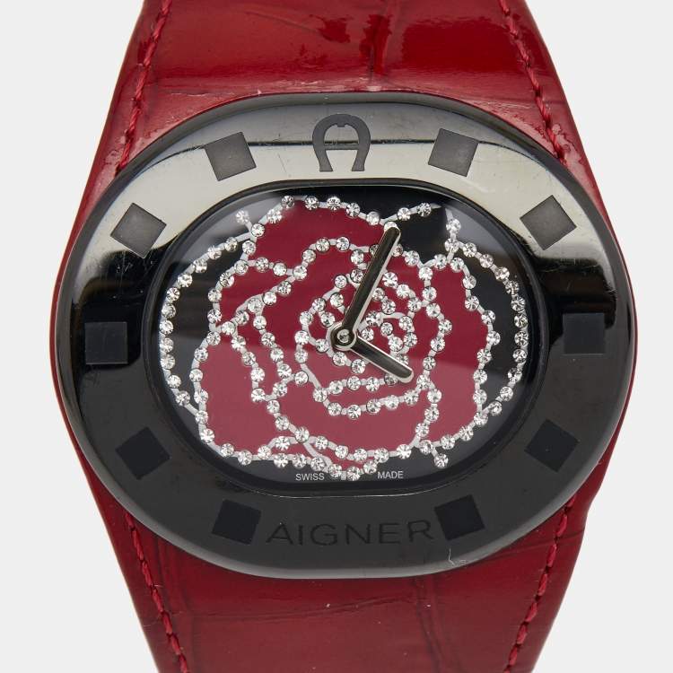 Pre Owned Aigner Red Black PVD Coated Stainless Steel Leather Ravello Due A21000 Women's Wristwatch 43 mm