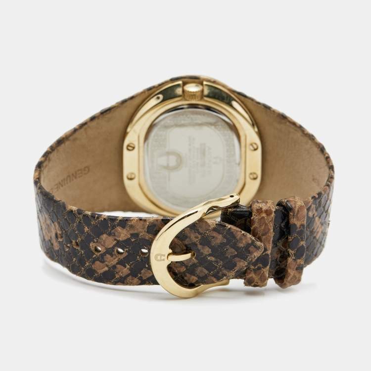 Pre Owned Aigner Crystal Paved Gold Plated Stainless Steel Leather Ravello Due A21000 Women's Wristwatch 43 mm