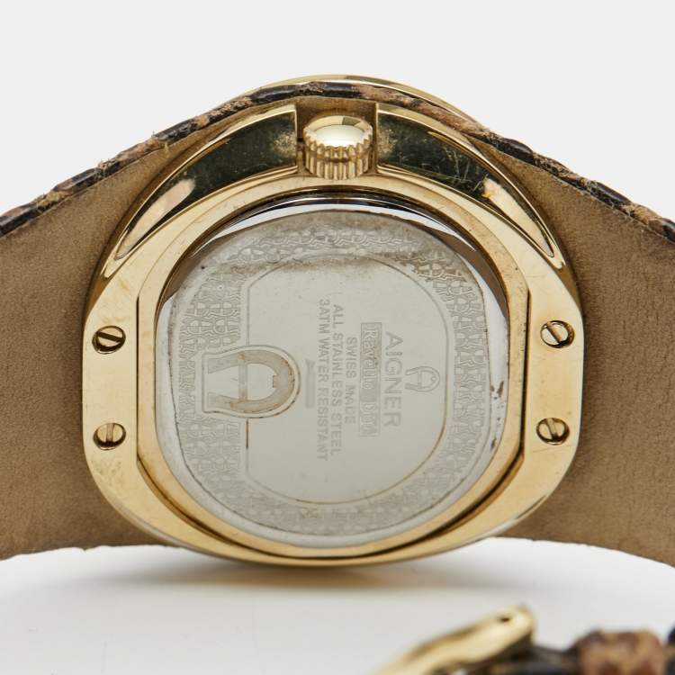 Pre Owned Aigner Crystal Paved Gold Plated Stainless Steel Leather Ravello Due A21000 Women's Wristwatch 43 mm