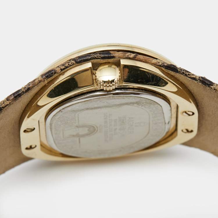 Pre Owned Aigner Crystal Paved Gold Plated Stainless Steel Leather Ravello Due A21000 Women's Wristwatch 43 mm