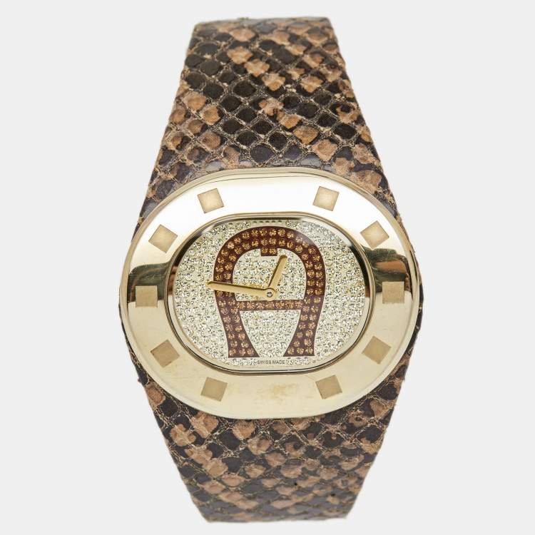 Pre Owned Aigner Crystal Paved Gold Plated Stainless Steel Leather Ravello Due A21000 Women's Wristwatch 43 mm