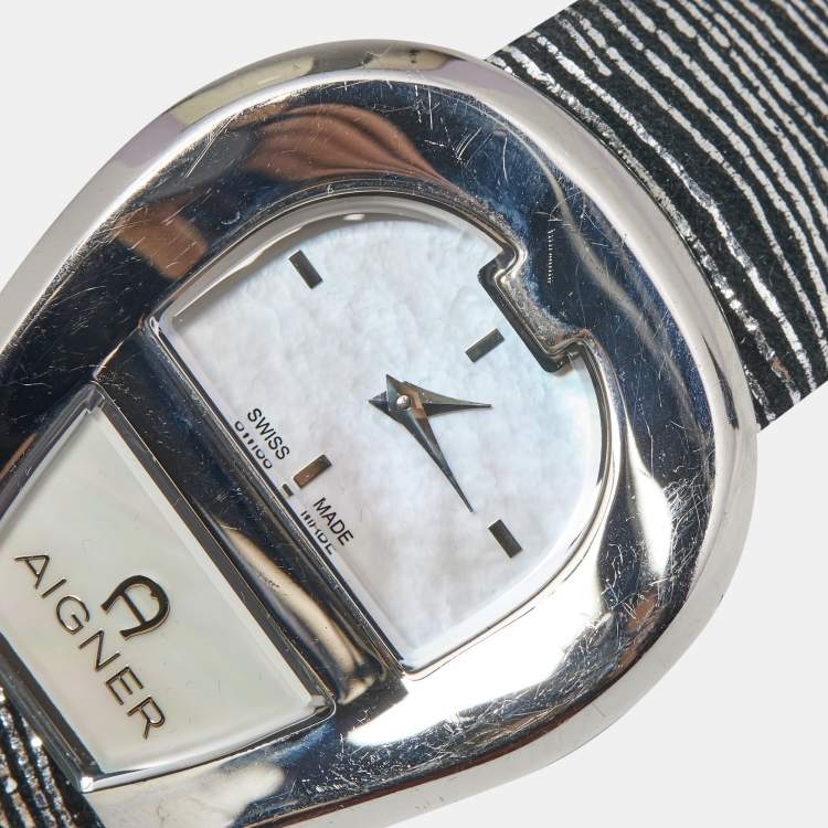 Pre Owned Aigner Mother of Pearl Stainless Steel Leather Venezia A39200 Women's Wristwatch 36 mm