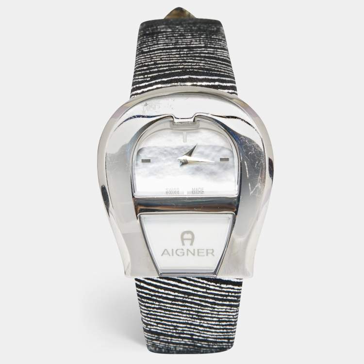 Pre Owned Aigner Mother of Pearl Stainless Steel Leather Venezia A39200 Women's Wristwatch 36 mm