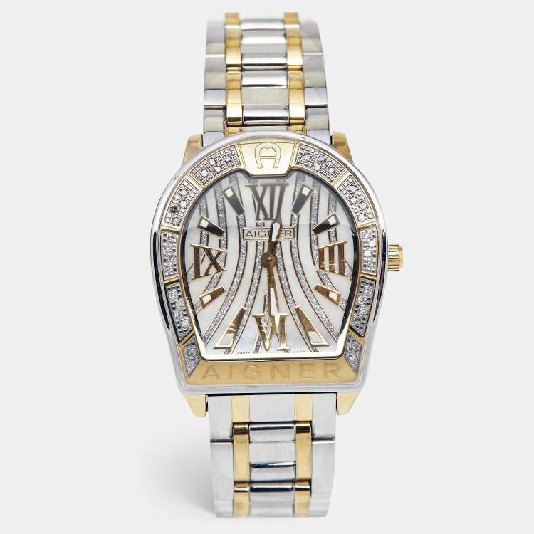 Aigner Mother Of Pearl Diamond Gold Plated Stainless Steel Leather