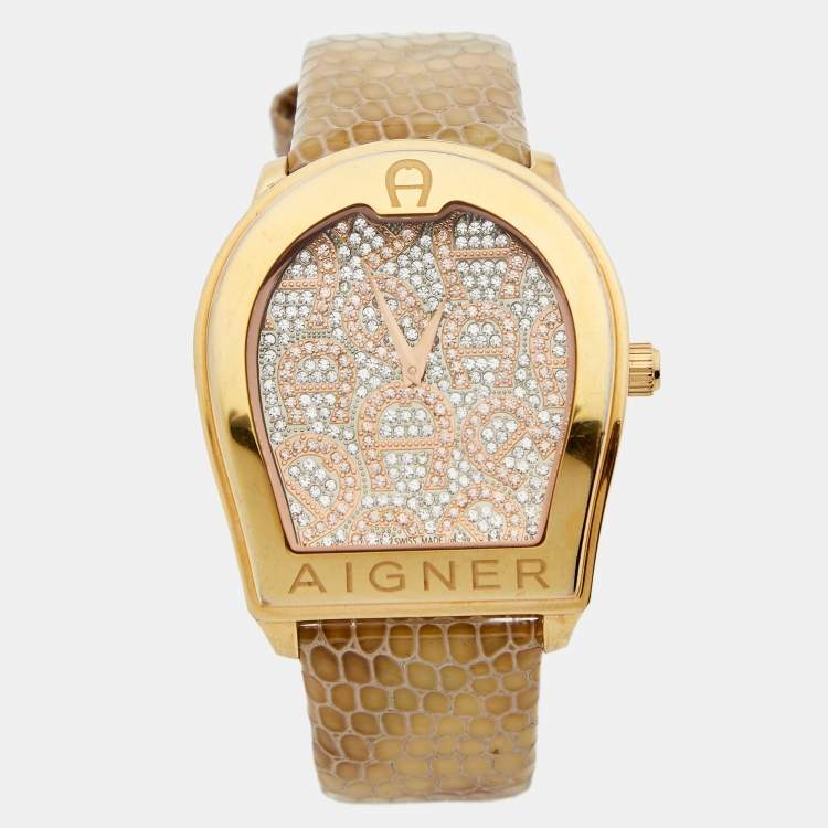 Aigner Gold Plated Stainless Steel Leather Verona A48000 Women s Wristwatch 39 mm Aigner The Luxury Closet