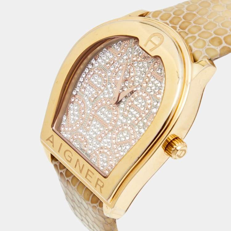 Pre Owned Aigner Gold Plated Stainless Steel Leather Verona A48000 Women's Wristwatch 39 mm