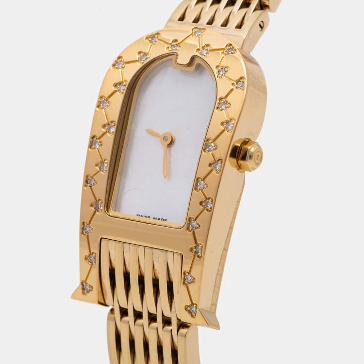 مملوكة مسبقًا Aigner Mother of Pearl Gold Plated Stainless Steel Diamond Olbia A29000 Women's Wristwatch 21 mm