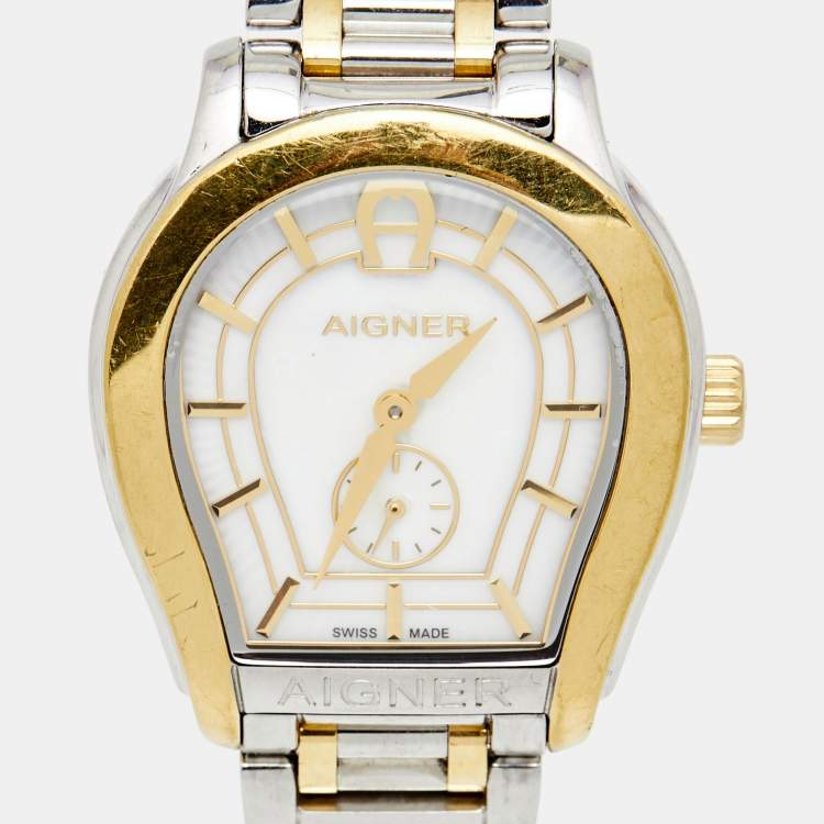 Pre Owned Aigner Mother of Pearl Two Tone Stainless Steel Vicenza A111200 Women's Wristwatch 30 mm