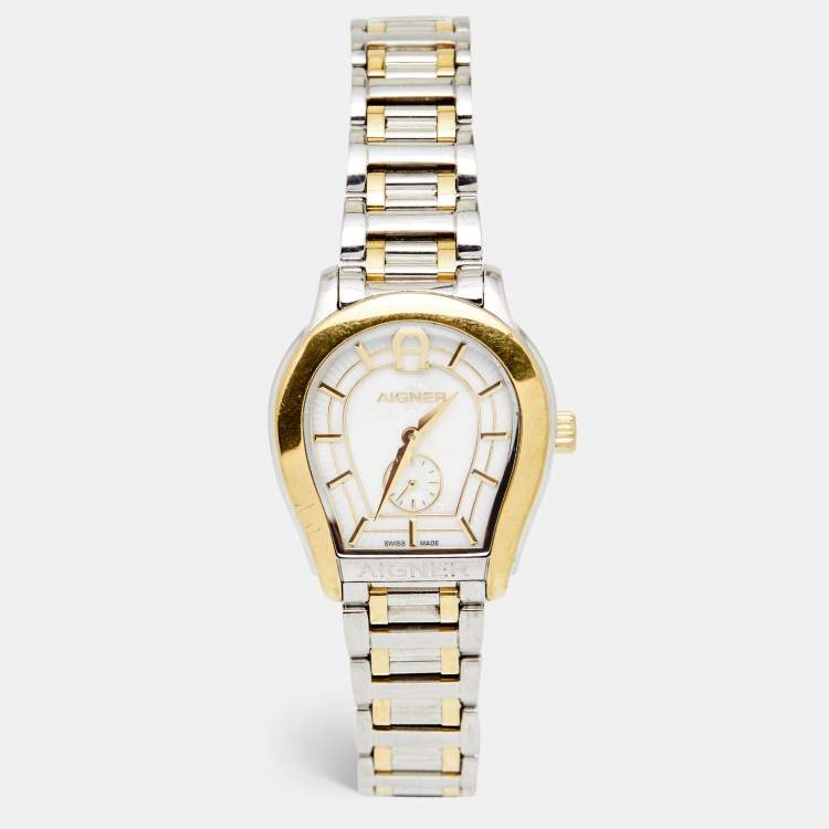 Pre Owned Aigner Mother of Pearl Two Tone Stainless Steel Vicenza A111200 Women's Wristwatch 30 mm