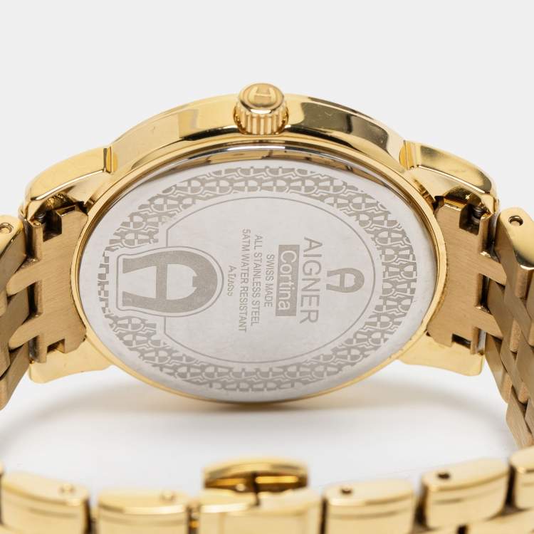 Pre Owned Aigner Mother of Pearl Gold Plated Stainless Steel Cortina A23600 Women's Wristwatch 36 mm