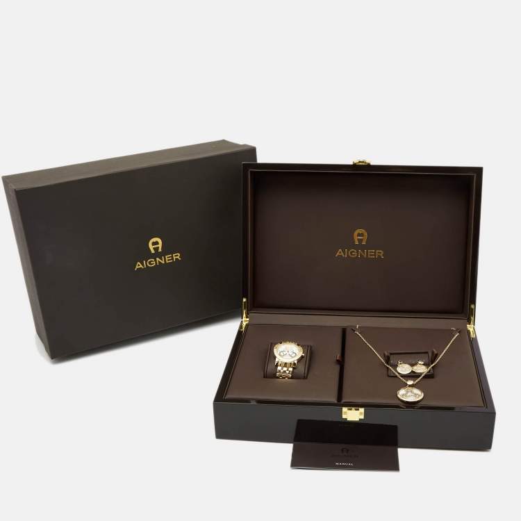 Pre Owned Aigner Mother of Pearl Gold-Plated Stainless Steel Cortina Earring Necklace Set A26300 Women's Wristwatch 36 mm 