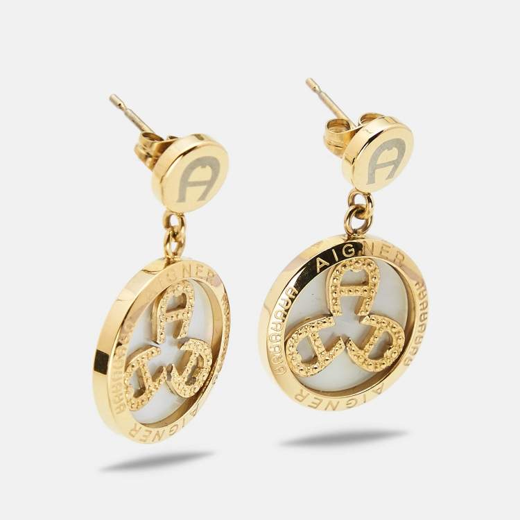 Pre Owned Aigner Mother of Pearl Gold-Plated Stainless Steel Cortina Earring Necklace Set A26300 Women's Wristwatch 36 mm 