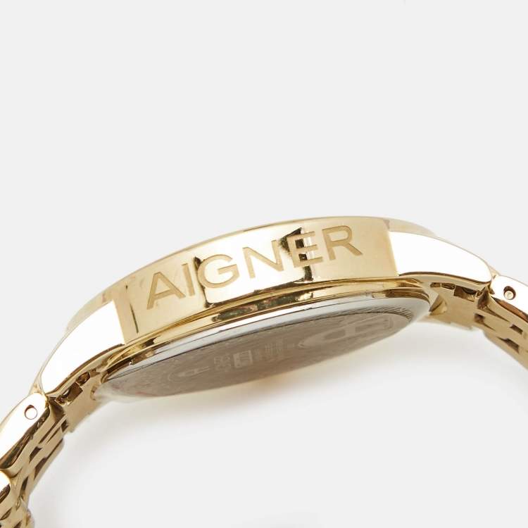 Pre Owned Aigner Mother of Pearl Gold-Plated Stainless Steel Cortina Earring Necklace Set A26300 Women's Wristwatch 36 mm 