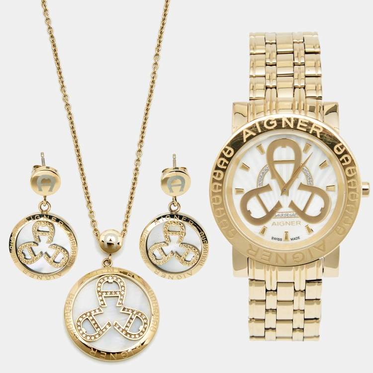 Pre Owned Aigner Mother of Pearl Gold-Plated Stainless Steel Cortina Earring Necklace Set A26300 Women's Wristwatch 36 mm 