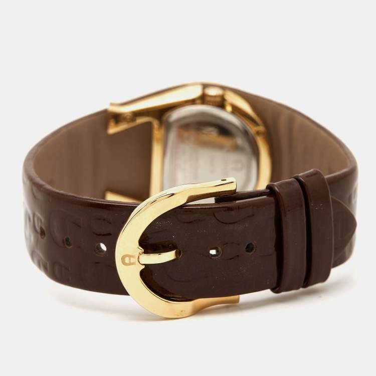 Pre Owned Aigner Mother of Pearl Gold Plated Stainless Steel Leather Capri III A19200 Women's Wristwatch  30 mm