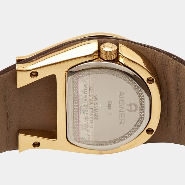 Pre Owned Aigner Mother of Pearl Gold Plated Stainless Steel Leather Capri III A19200 Women's Wristwatch  30 mm