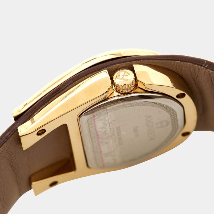 Pre Owned Aigner Mother of Pearl Gold Plated Stainless Steel Leather Capri III A19200 Women's Wristwatch  30 mm