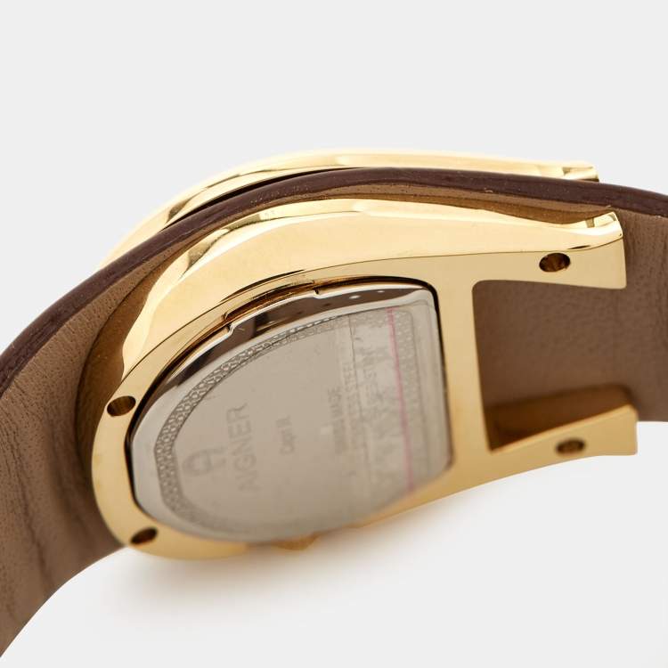 Pre Owned Aigner Mother of Pearl Gold Plated Stainless Steel Leather Capri III A19200 Women's Wristwatch  30 mm