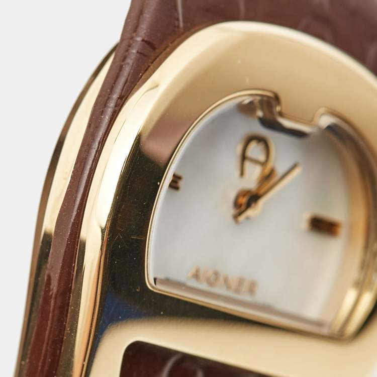 Pre Owned Aigner Mother of Pearl Gold Plated Stainless Steel Leather Capri III A19200 Women's Wristwatch  30 mm