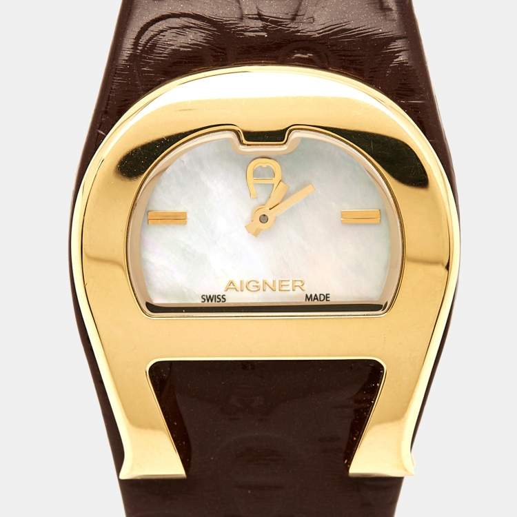 Pre Owned Aigner Mother of Pearl Gold Plated Stainless Steel Leather Capri III A19200 Women's Wristwatch  30 mm