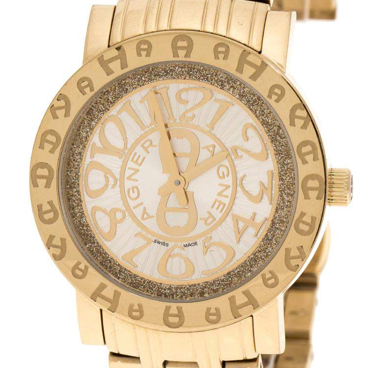 Pre Owned Aigner Champagne Gold Plated Stainless Steel A26337 Women's Wristwatch 36MM