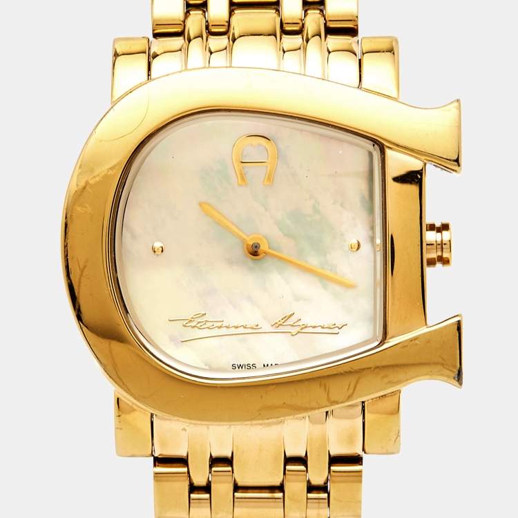 Pre Owned Aigner Mother of Pearl Gold Plated Stainless Steel Genua Due A31600 Women's Wristwatch 31 mm