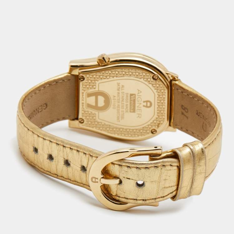 Pre Owned Aigner Mother of Pearl Diamond Gold Plated Stainless Steel Leather Verona A01100 Women's Wristwatch 33 mm 